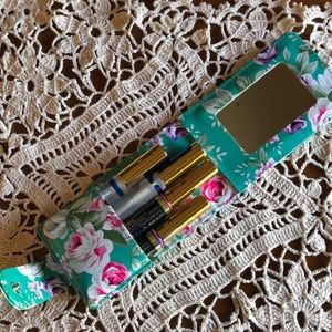 Lipstick Pouch, teal with pink & purple flowers